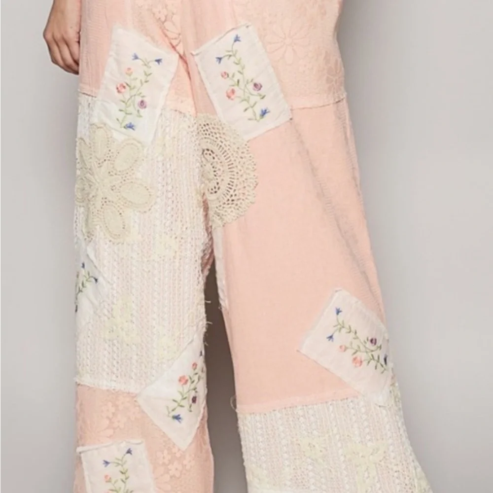 POL Soft Pink Patchwork Wide-Leg Pants with Lace & Embroidery - Picture 4 of 8